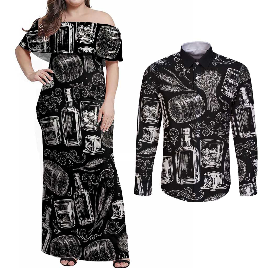 Whisky Neat Couples Matching Off Shoulder Maxi Dress and Long Sleeve Button Shirt Vintage Bold Statement Design