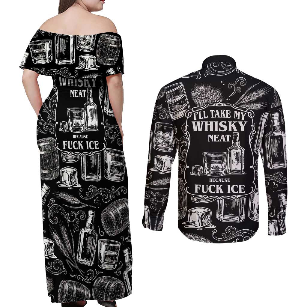 Whisky Neat Couples Matching Off Shoulder Maxi Dress and Long Sleeve Button Shirt Vintage Bold Statement Design