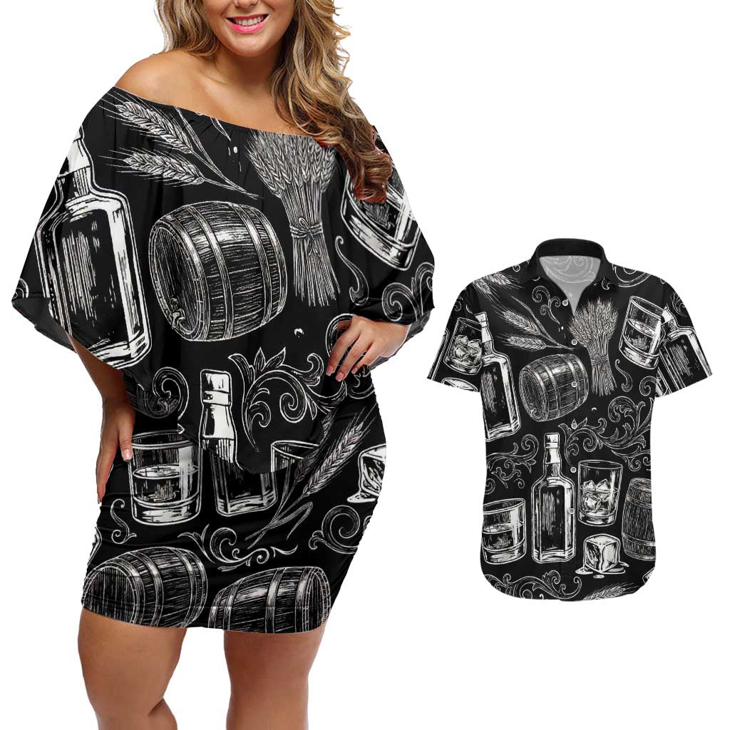 Whisky Neat Couples Matching Off Shoulder Short Dress and Hawaiian Shirt Vintage Bold Statement Design