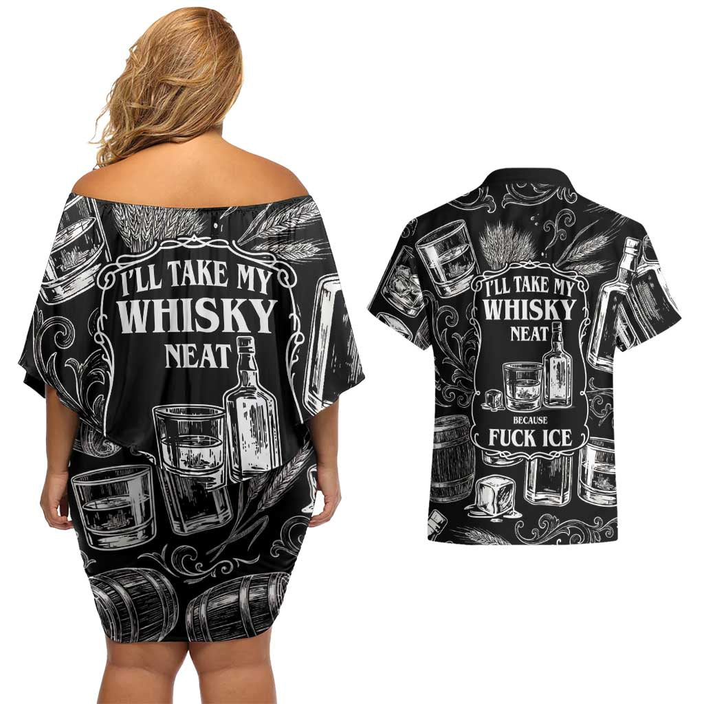 Whisky Neat Couples Matching Off Shoulder Short Dress and Hawaiian Shirt Vintage Bold Statement Design
