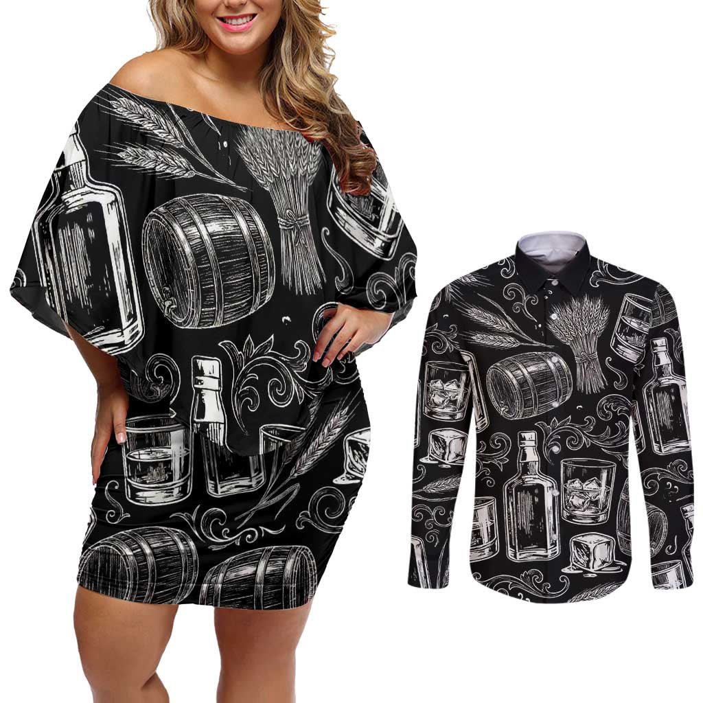 Whisky Neat Couples Matching Off Shoulder Short Dress and Long Sleeve Button Shirt Vintage Bold Statement Design
