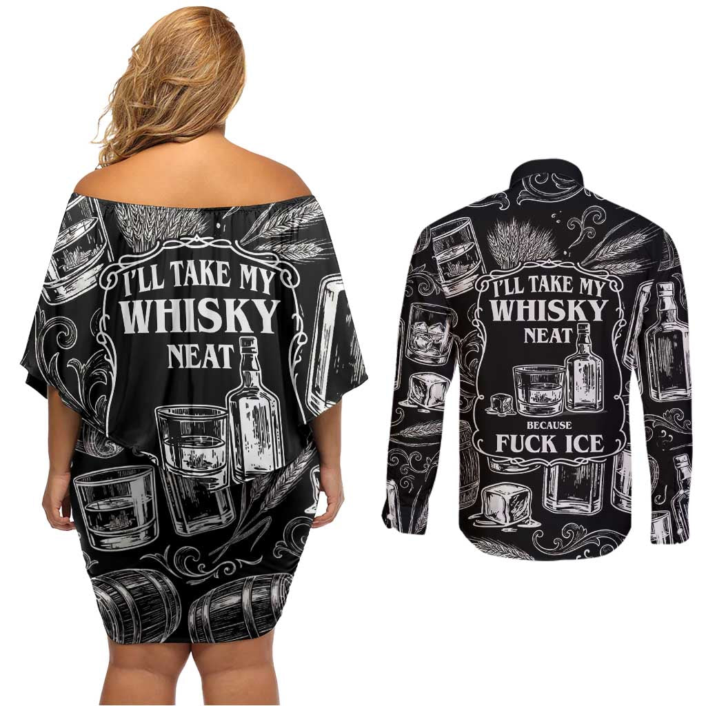 Whisky Neat Couples Matching Off Shoulder Short Dress and Long Sleeve Button Shirt Vintage Bold Statement Design