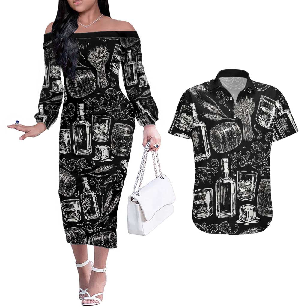 Whisky Neat Couples Matching Off The Shoulder Long Sleeve Dress and Hawaiian Shirt Vintage Bold Statement Design