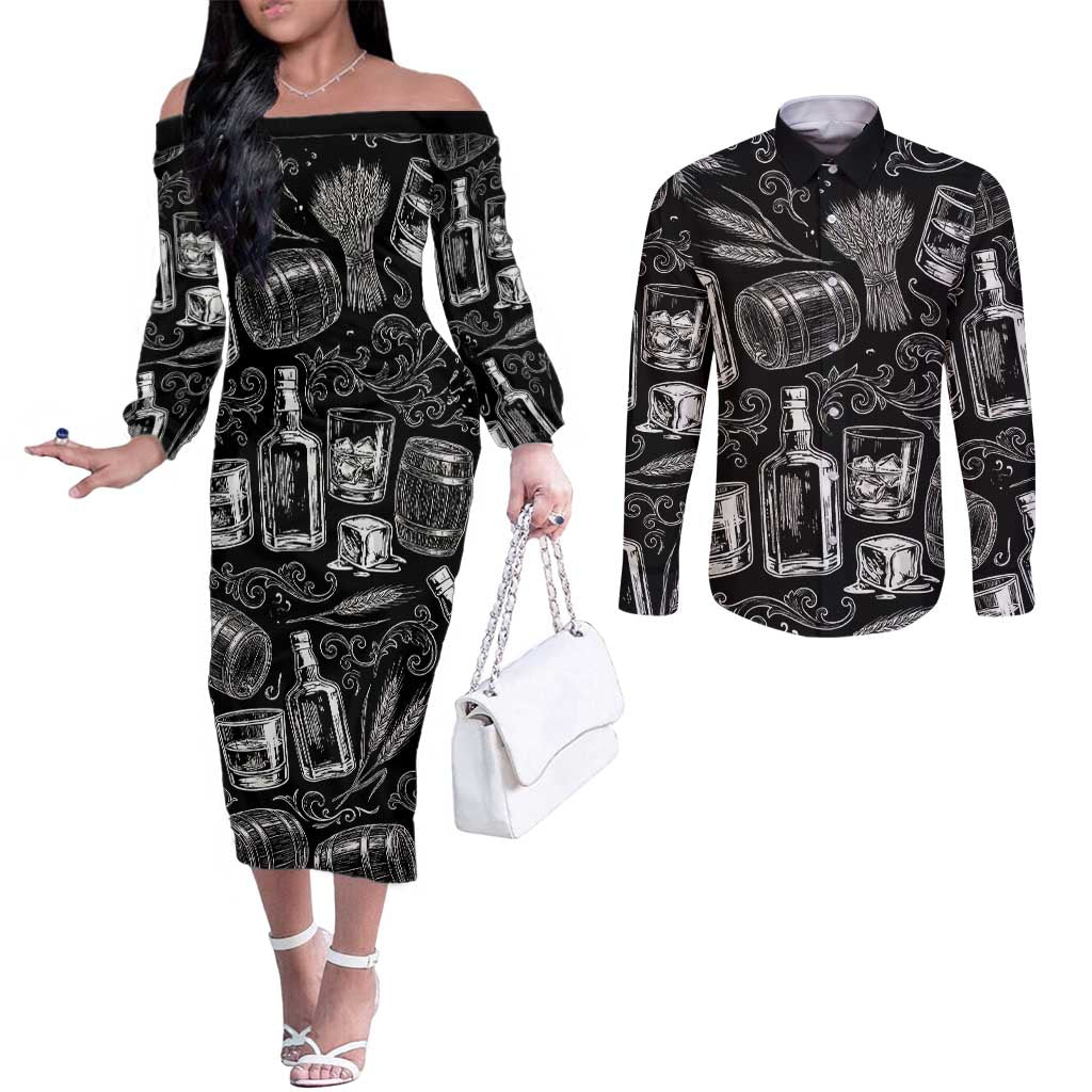 Whisky Neat Couples Matching Off The Shoulder Long Sleeve Dress and Long Sleeve Button Shirt Vintage Bold Statement Design