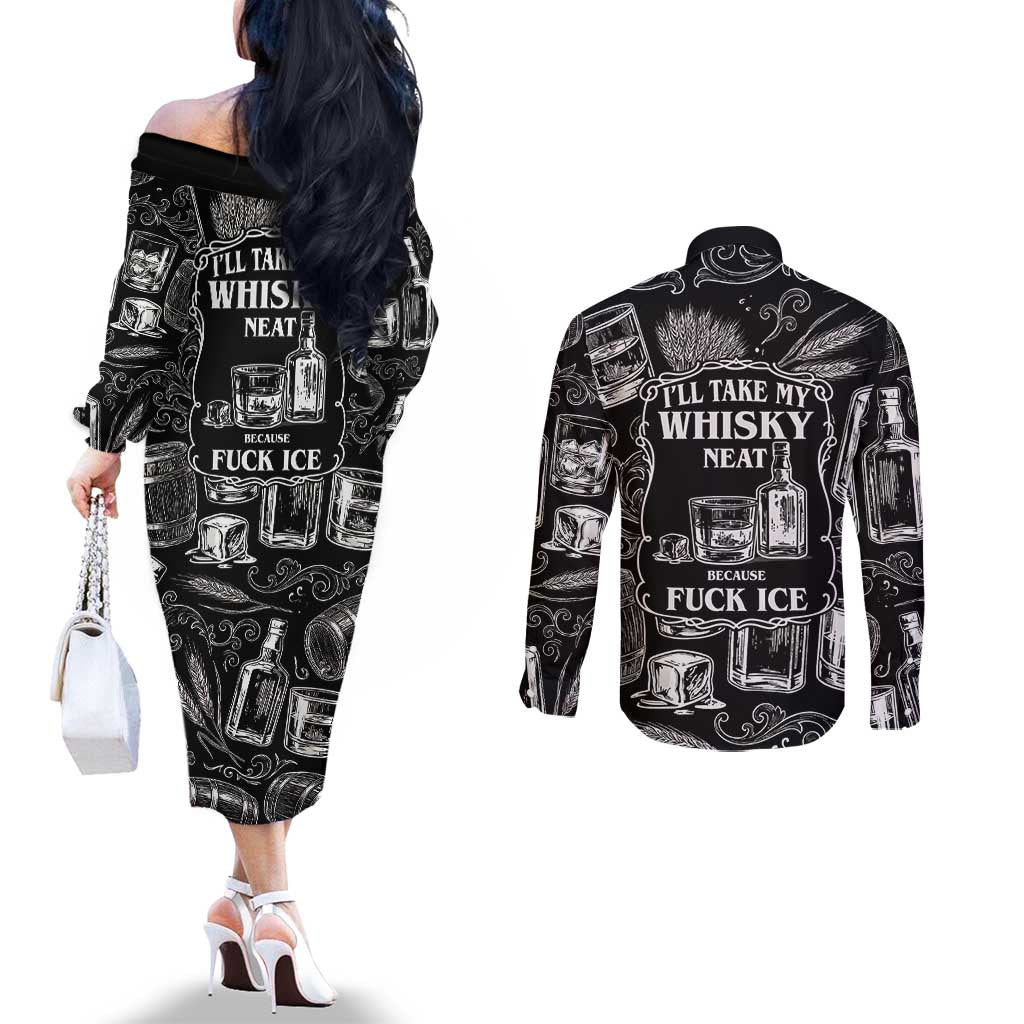 Whisky Neat Couples Matching Off The Shoulder Long Sleeve Dress and Long Sleeve Button Shirt Vintage Bold Statement Design