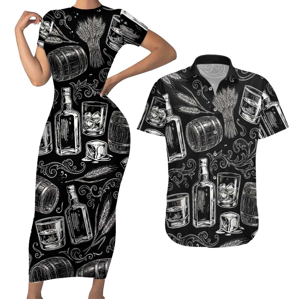 Whisky Neat Couples Matching Short Sleeve Bodycon Dress and Hawaiian Shirt Vintage Bold Statement Design