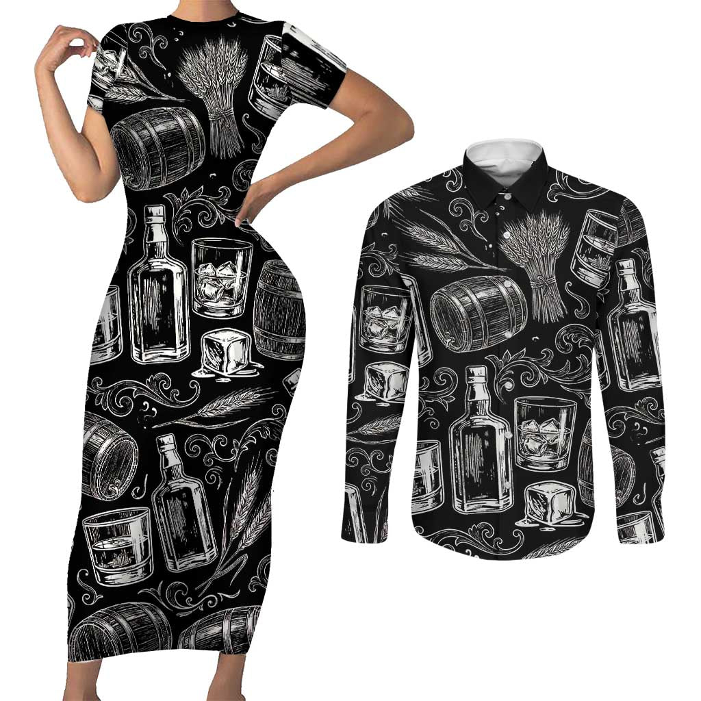 Whisky Neat Couples Matching Short Sleeve Bodycon Dress and Long Sleeve Button Shirt Vintage Bold Statement Design
