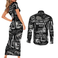 Whisky Neat Couples Matching Short Sleeve Bodycon Dress and Long Sleeve Button Shirt Vintage Bold Statement Design