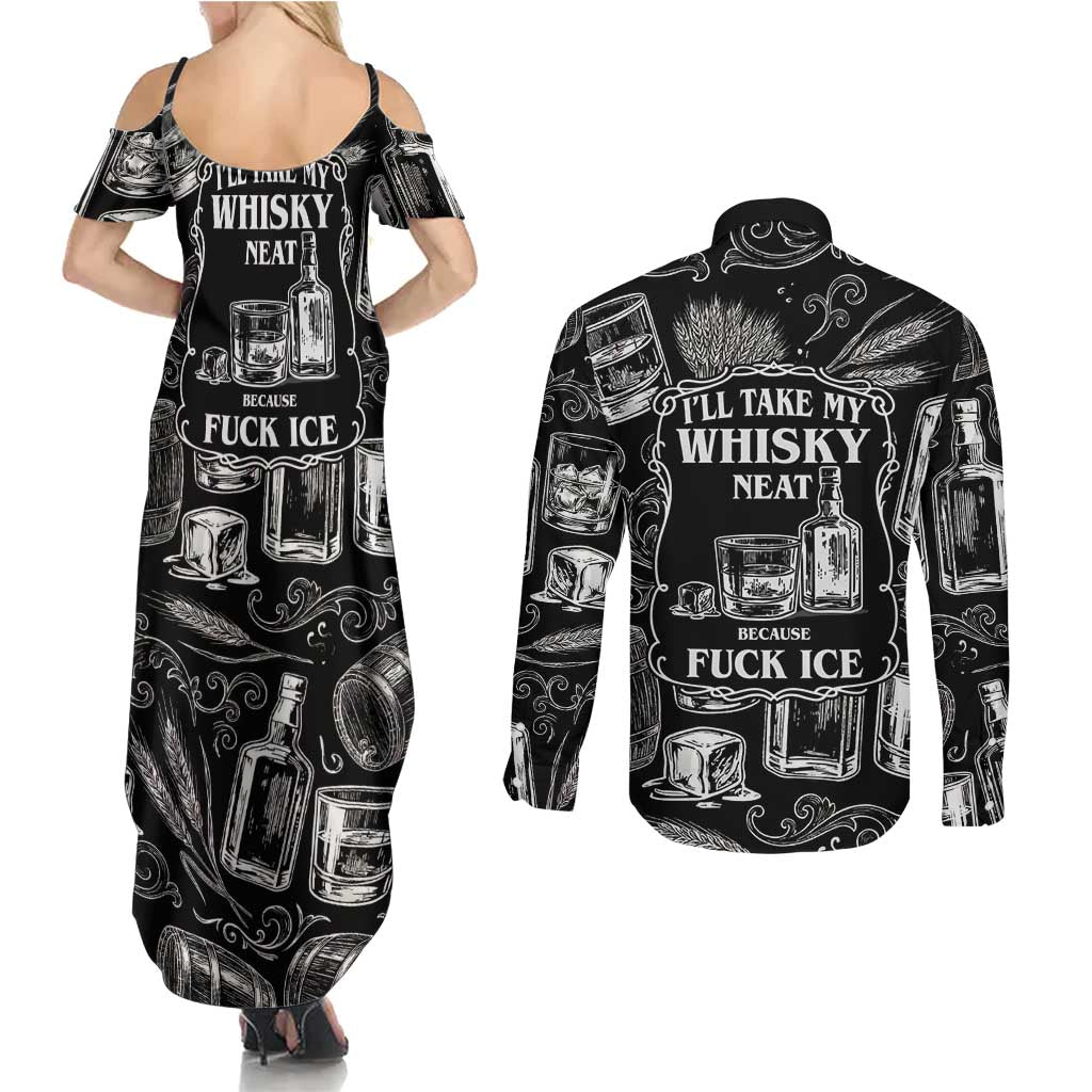 Whisky Neat Couples Matching Summer Maxi Dress and Long Sleeve Button Shirt Vintage Bold Statement Design