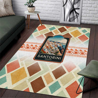 Santorini Greece Area Rug Sunset Village Print and Mediterranean Geometric Pattern