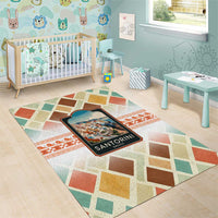 Santorini Greece Area Rug Sunset Village Print and Mediterranean Geometric Pattern
