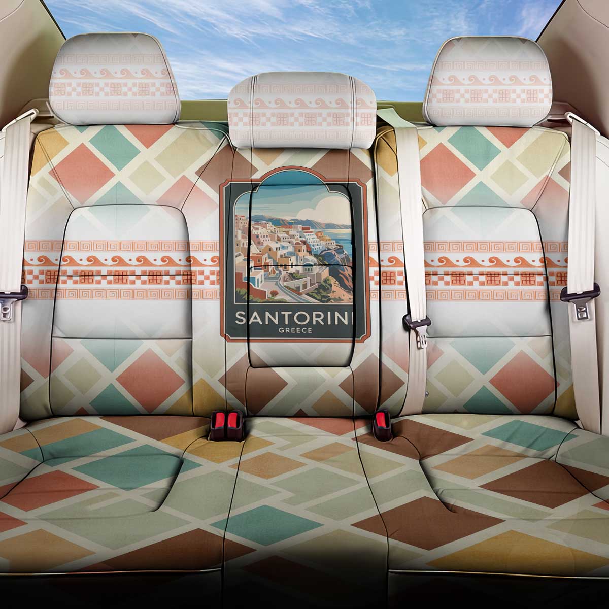Santorini Greece Back Car Seat Cover Sunset Village Print and Mediterranean Geometric Pattern