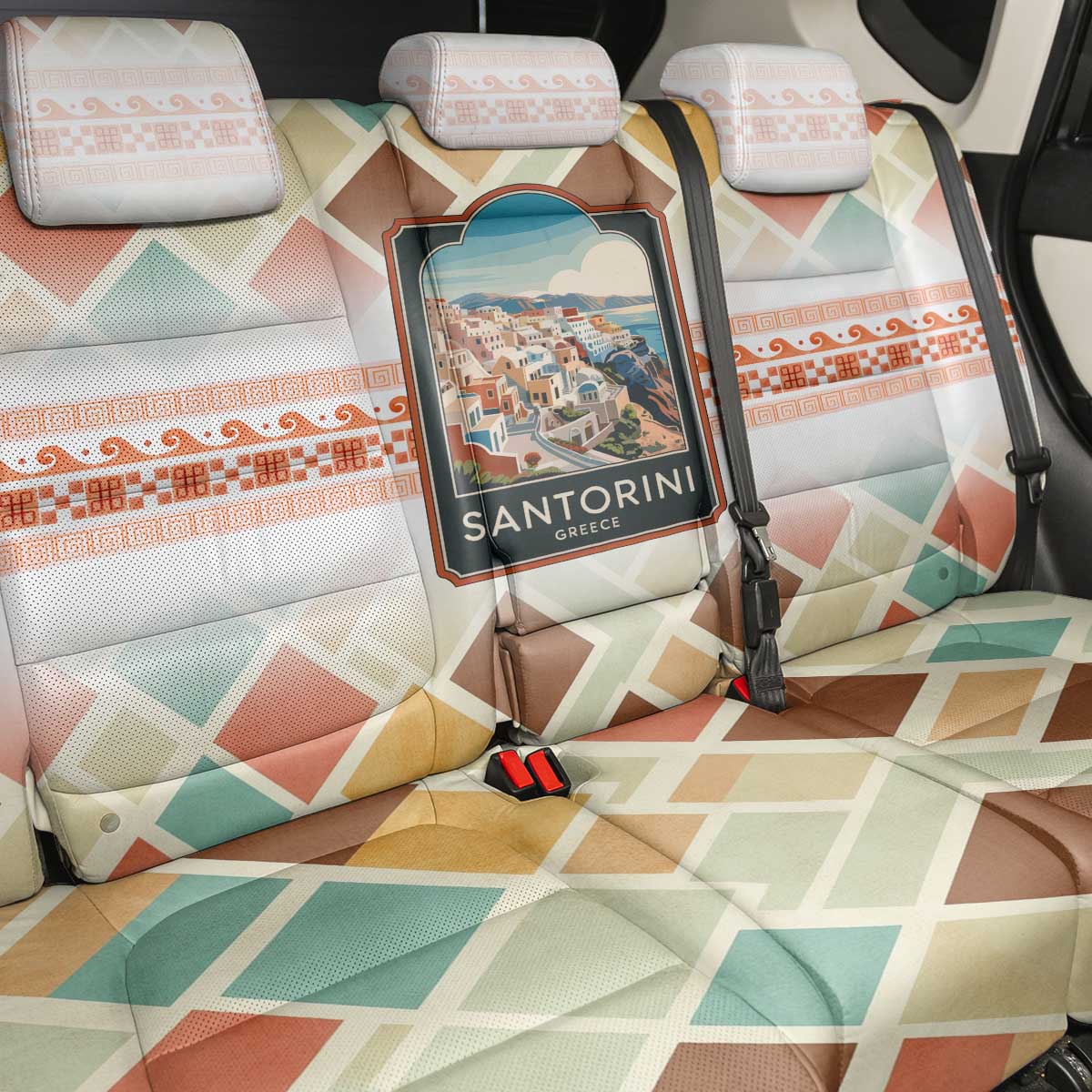 Santorini Greece Back Car Seat Cover Sunset Village Print and Mediterranean Geometric Pattern