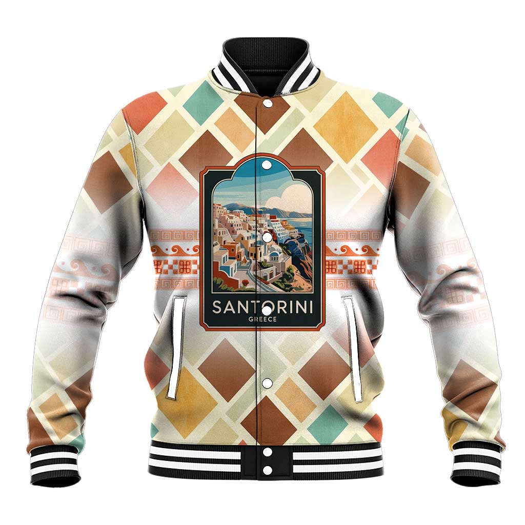 Santorini Greece Baseball Jacket Sunset Village Print and Mediterranean Geometric Pattern