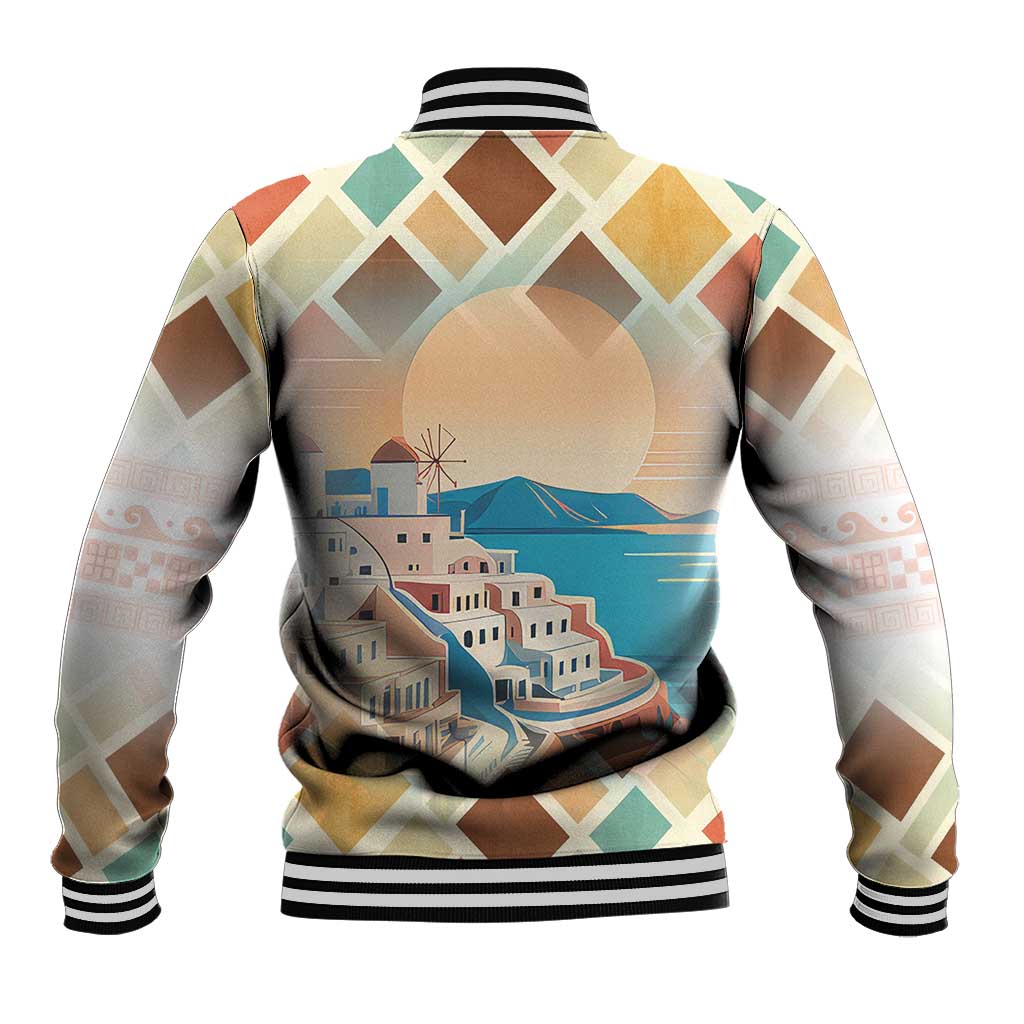 Santorini Greece Baseball Jacket Sunset Village Print and Mediterranean Geometric Pattern
