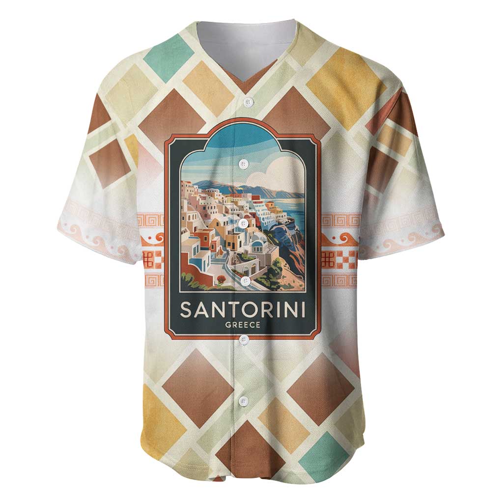 Santorini Greece Baseball Jersey Sunset Village Print and Mediterranean Geometric Pattern