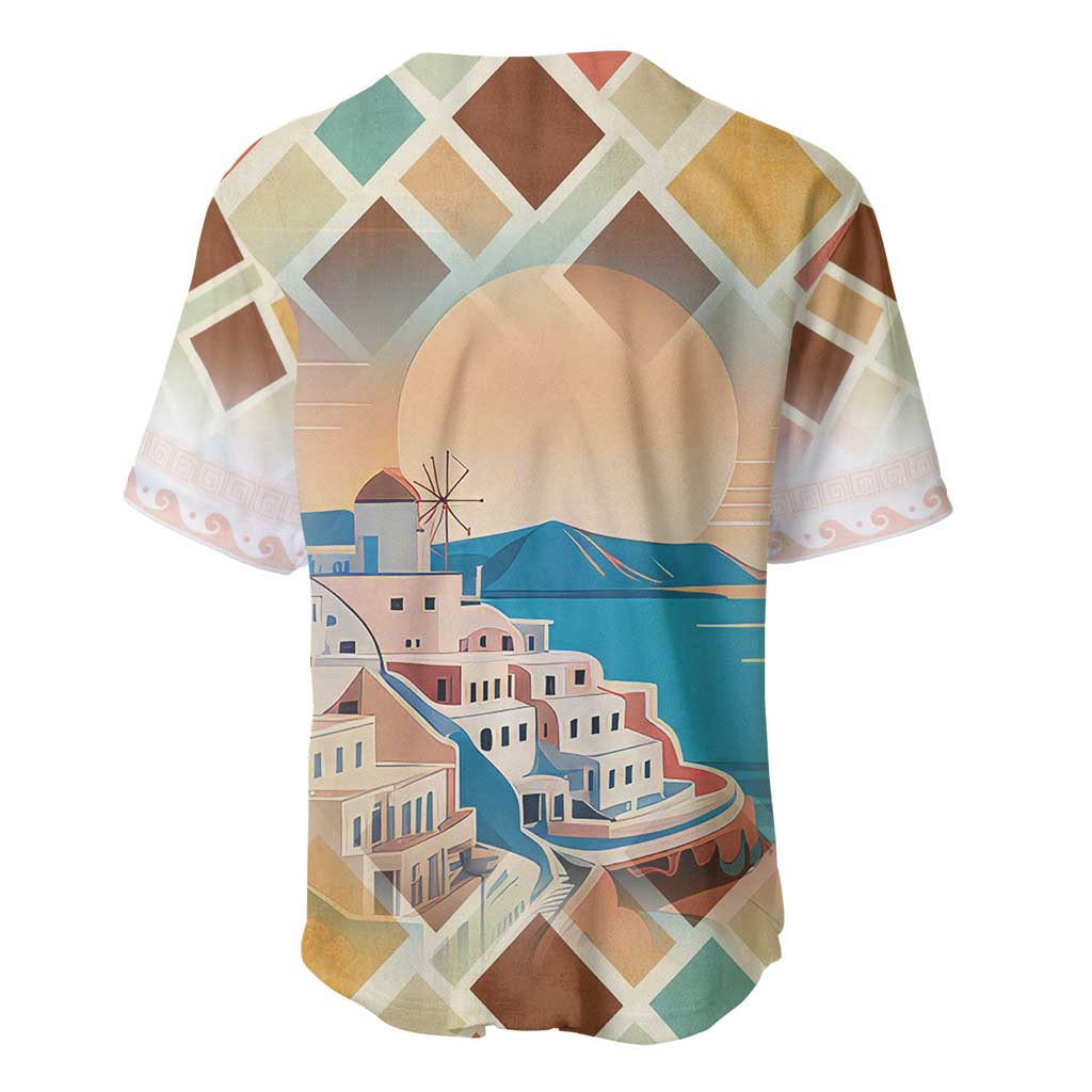 Santorini Greece Baseball Jersey Sunset Village Print and Mediterranean Geometric Pattern