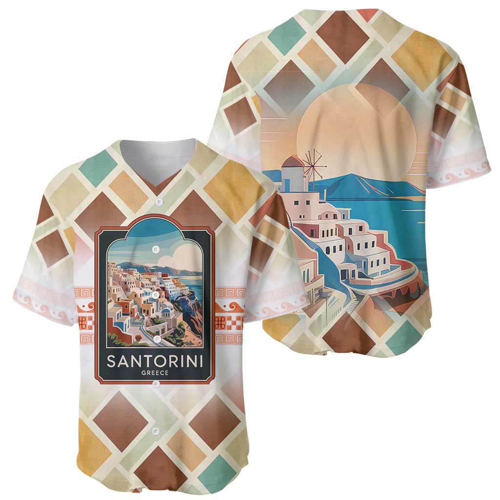 Santorini Greece Baseball Jersey Sunset Village Print and Mediterranean Geometric Pattern