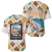 Santorini Greece Baseball Jersey Sunset Village Print and Mediterranean Geometric Pattern