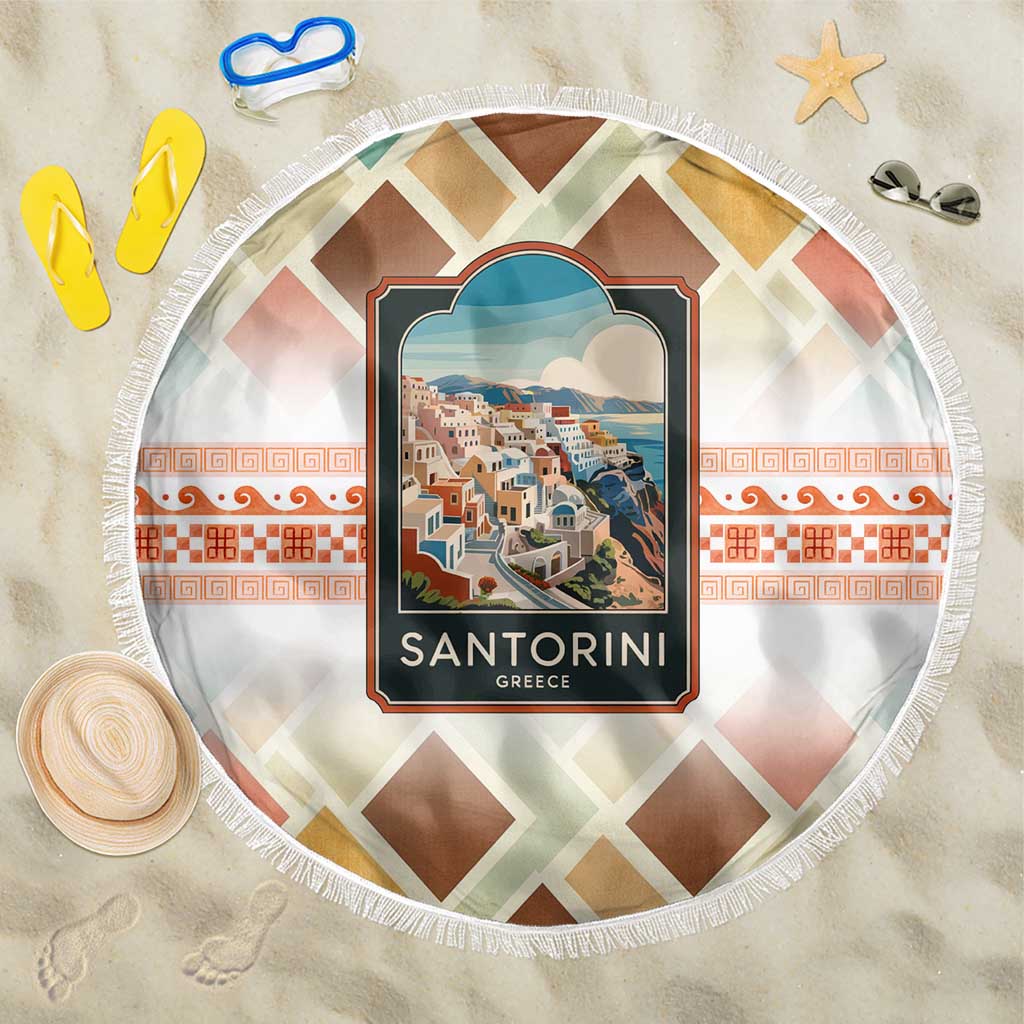 Santorini Greece Beach Blanket Sunset Village Print and Mediterranean Geometric Pattern