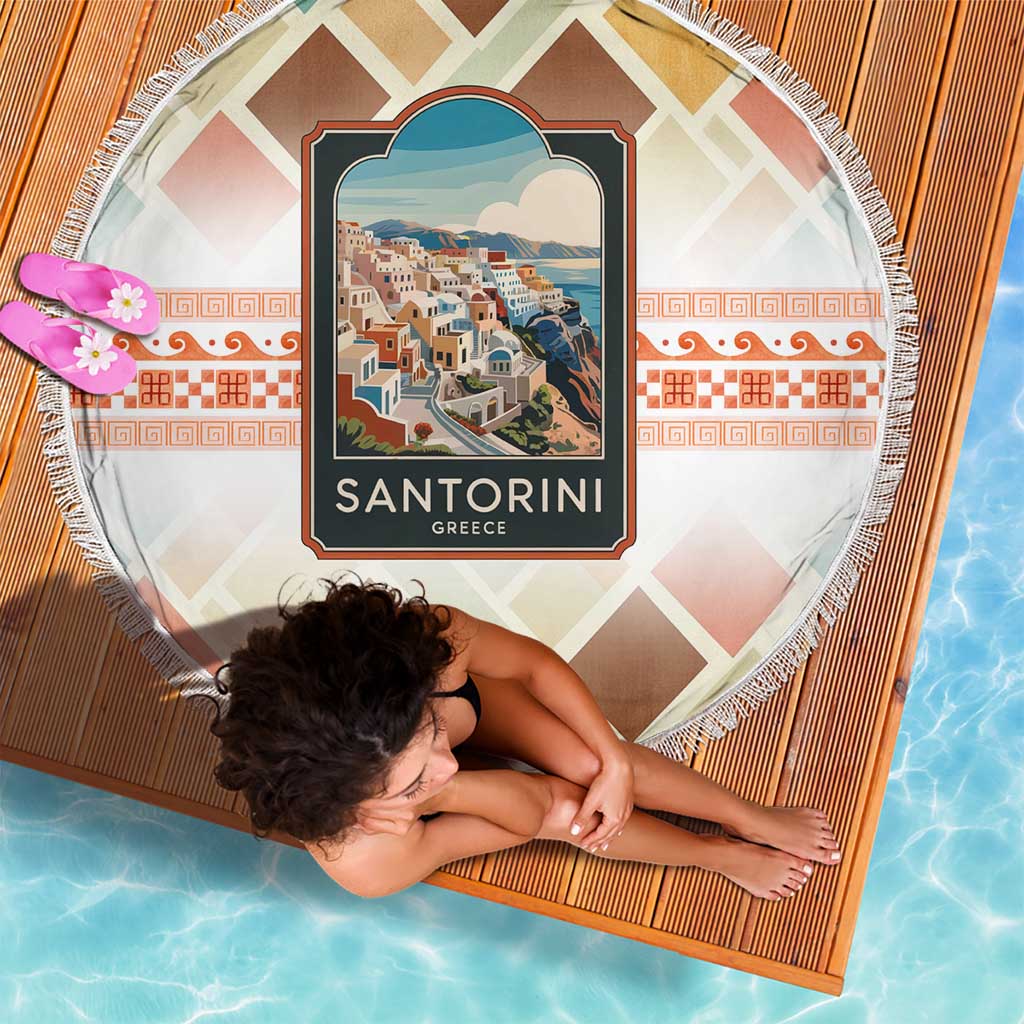 Santorini Greece Beach Blanket Sunset Village Print and Mediterranean Geometric Pattern