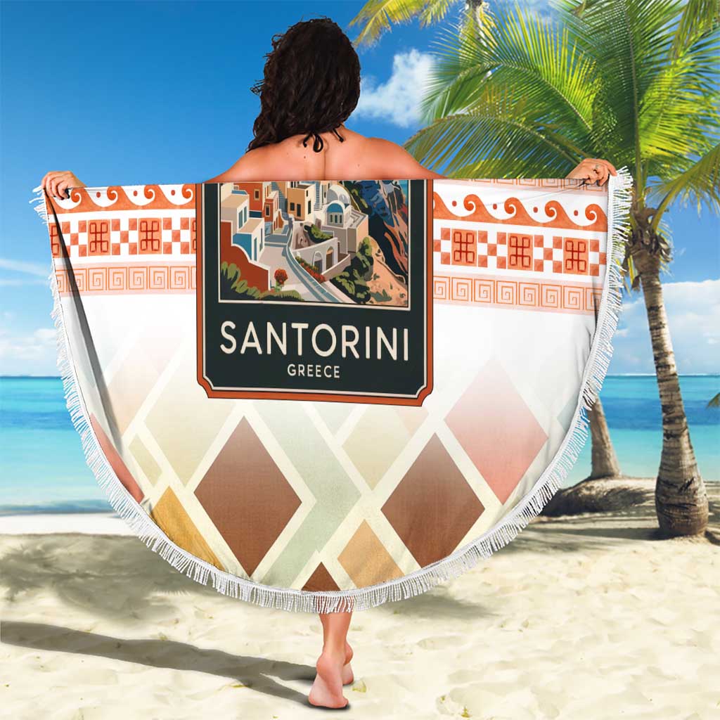 Santorini Greece Beach Blanket Sunset Village Print and Mediterranean Geometric Pattern