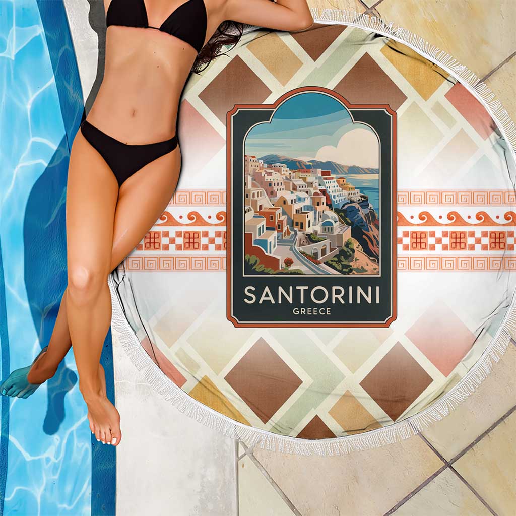 Santorini Greece Beach Blanket Sunset Village Print and Mediterranean Geometric Pattern