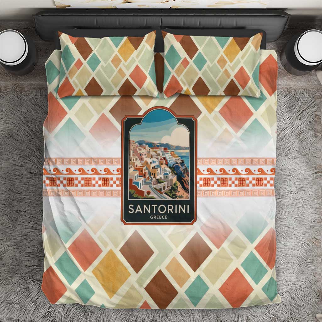 Santorini Greece Bedding Set Sunset Village Print and Mediterranean Geometric Pattern
