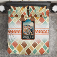 Santorini Greece Bedding Set Sunset Village Print and Mediterranean Geometric Pattern