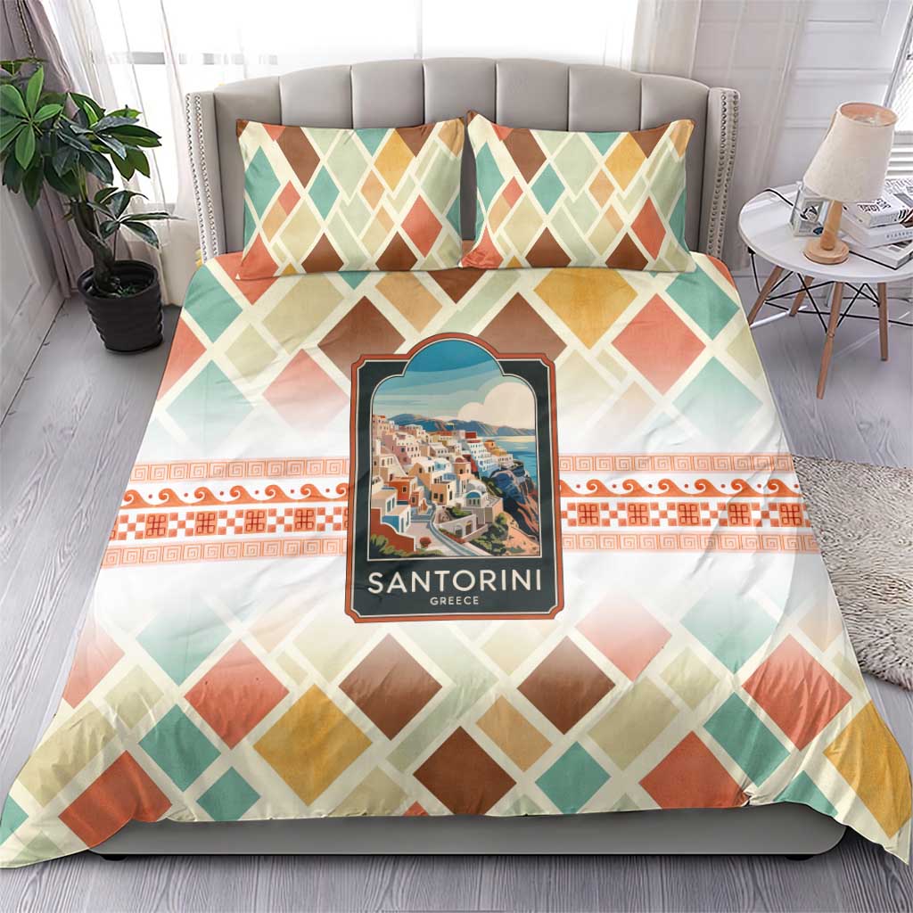 Santorini Greece Bedding Set Sunset Village Print and Mediterranean Geometric Pattern