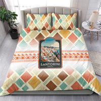 Santorini Greece Bedding Set Sunset Village Print and Mediterranean Geometric Pattern