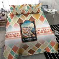 Santorini Greece Bedding Set Sunset Village Print and Mediterranean Geometric Pattern
