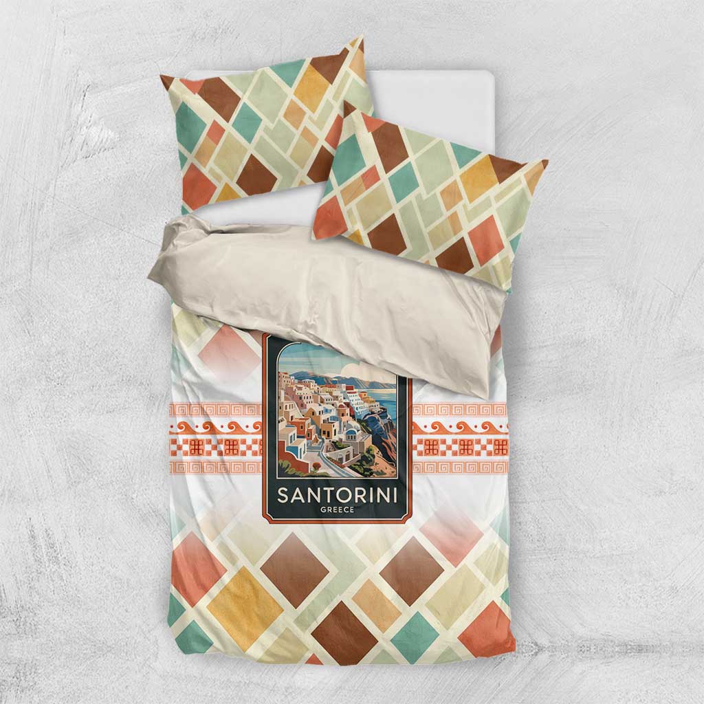 Santorini Greece Bedding Set Sunset Village Print and Mediterranean Geometric Pattern