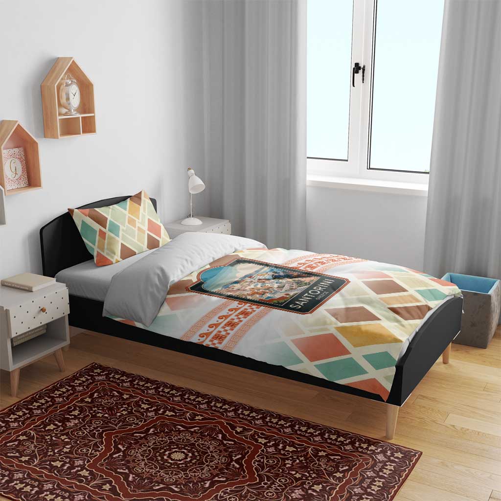 Santorini Greece Bedding Set Sunset Village Print and Mediterranean Geometric Pattern