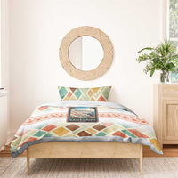 Santorini Greece Bedding Set Sunset Village Print and Mediterranean Geometric Pattern