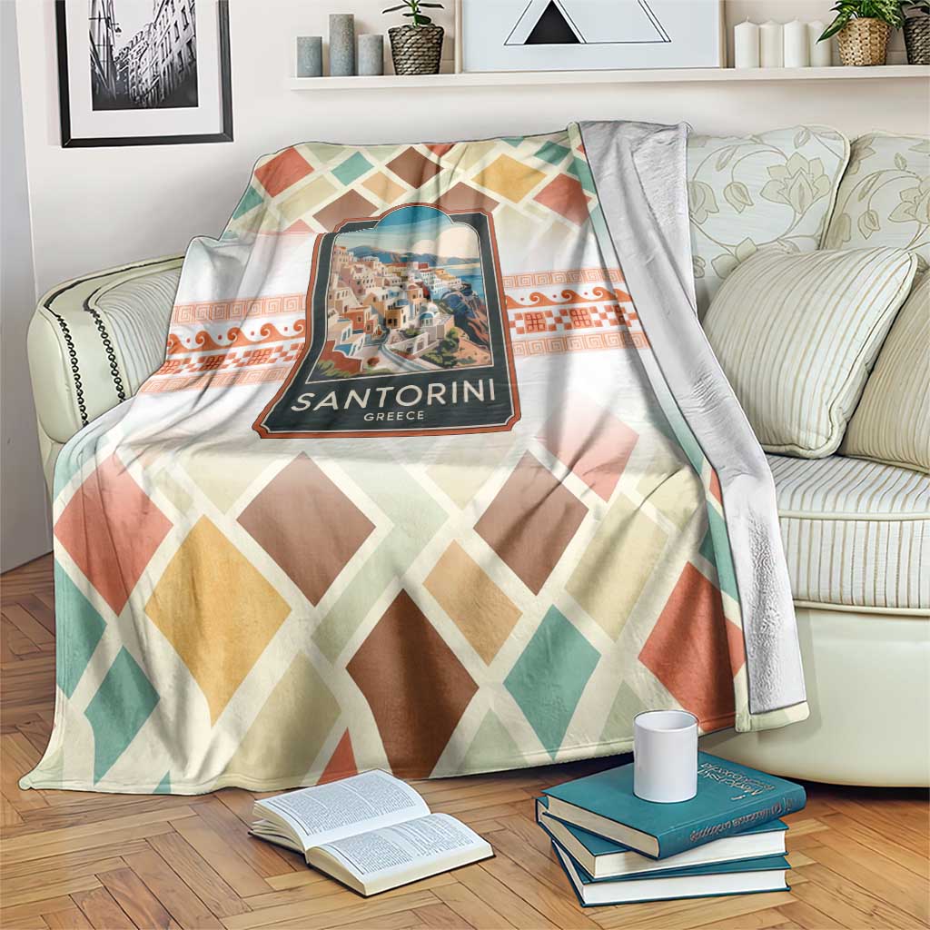 Santorini Greece Blanket Sunset Village Print and Mediterranean Geometric Pattern