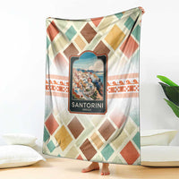 Santorini Greece Blanket Sunset Village Print and Mediterranean Geometric Pattern
