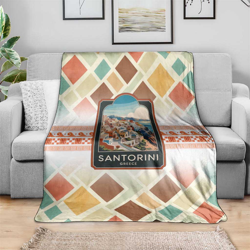 Santorini Greece Blanket Sunset Village Print and Mediterranean Geometric Pattern