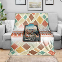 Santorini Greece Blanket Sunset Village Print and Mediterranean Geometric Pattern