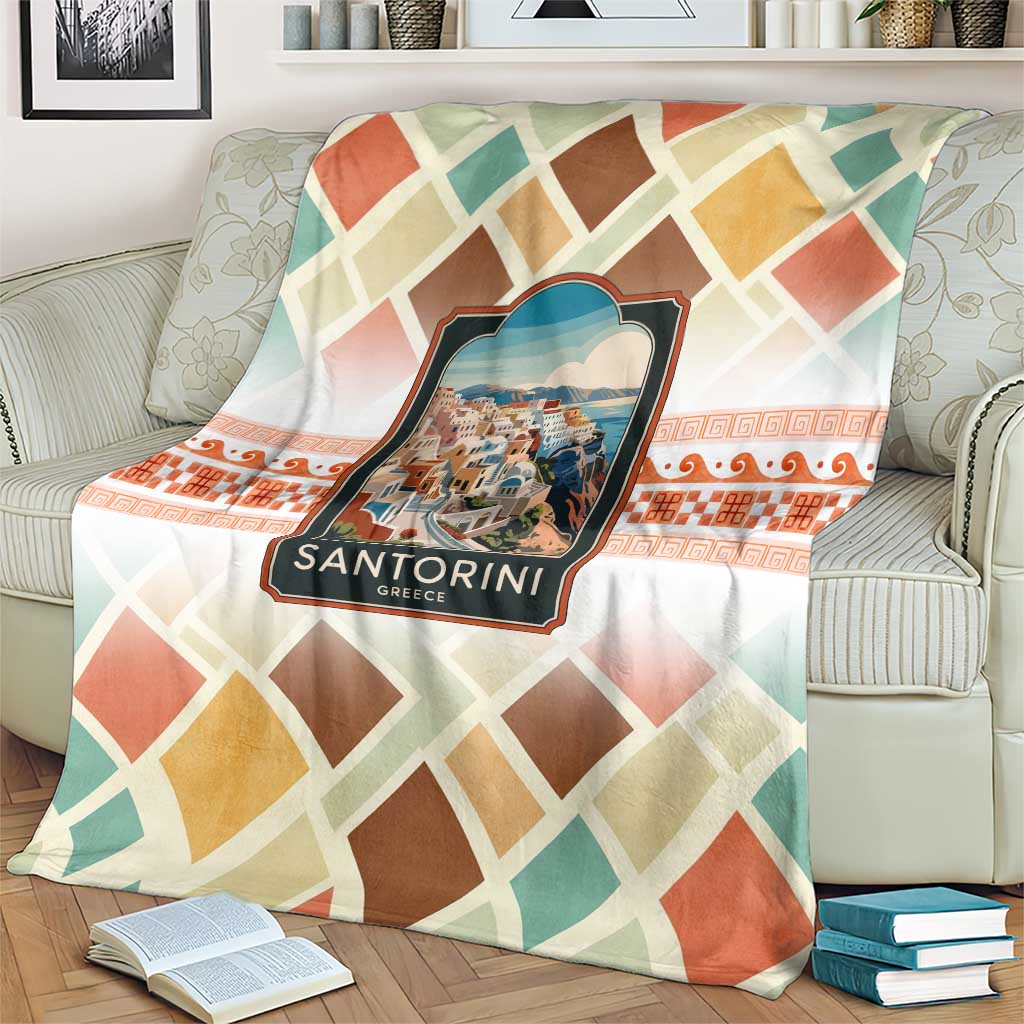 Santorini Greece Blanket Sunset Village Print and Mediterranean Geometric Pattern