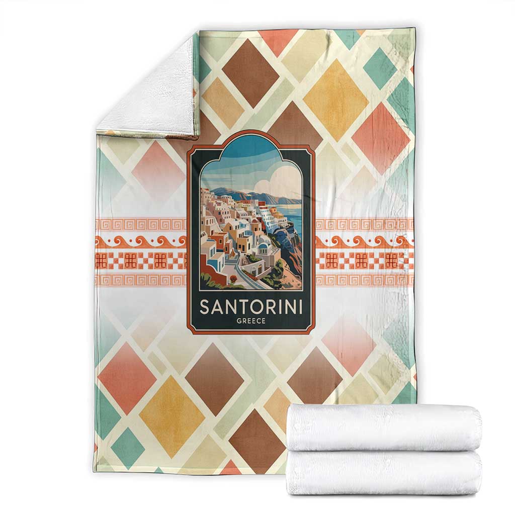 Santorini Greece Blanket Sunset Village Print and Mediterranean Geometric Pattern