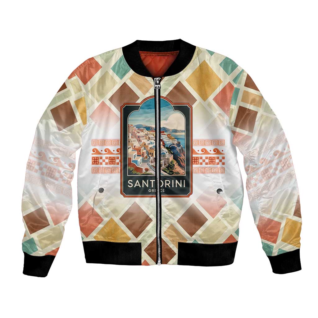 Santorini Greece Bomber Jacket Sunset Village Print and Mediterranean Geometric Pattern
