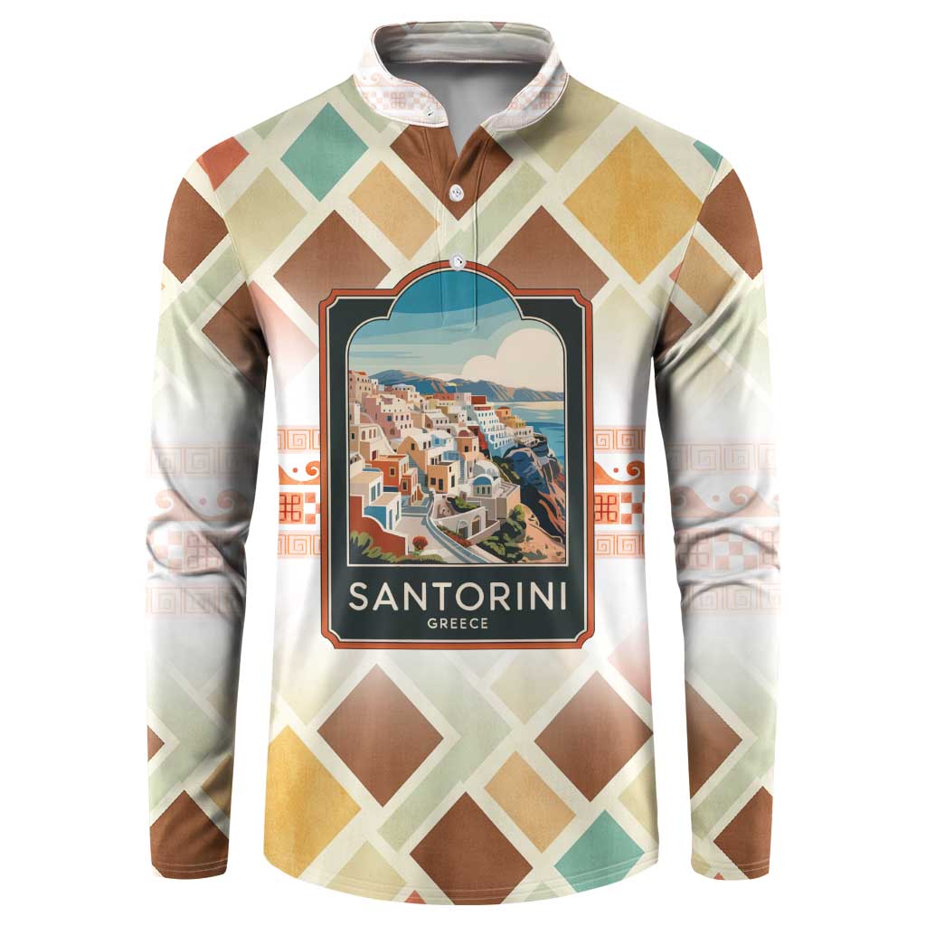 Santorini Greece Button Sweatshirt Sunset Village Print and Mediterranean Geometric Pattern