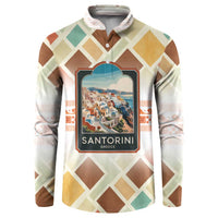 Santorini Greece Button Sweatshirt Sunset Village Print and Mediterranean Geometric Pattern
