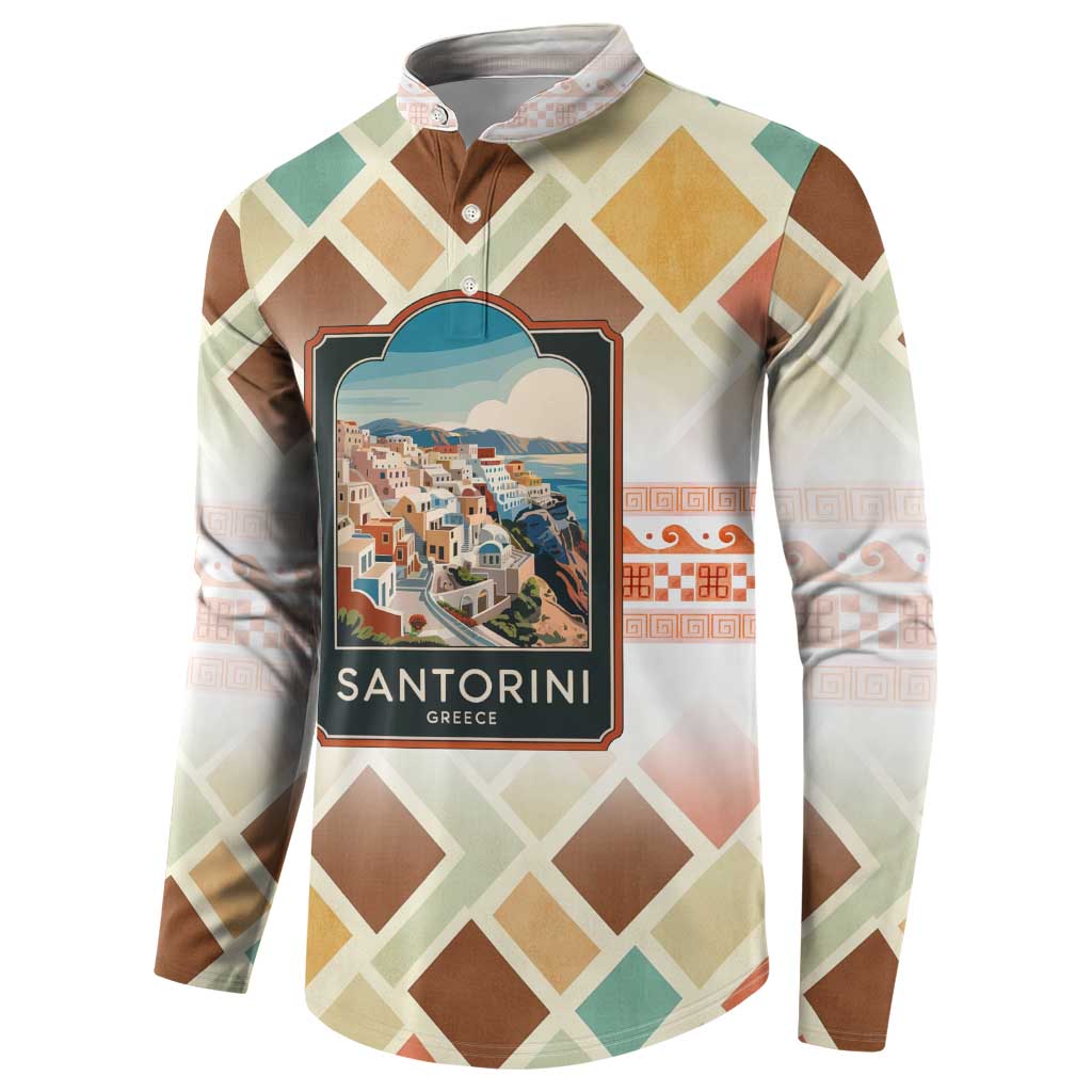 Santorini Greece Button Sweatshirt Sunset Village Print and Mediterranean Geometric Pattern