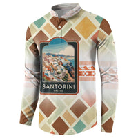 Santorini Greece Button Sweatshirt Sunset Village Print and Mediterranean Geometric Pattern