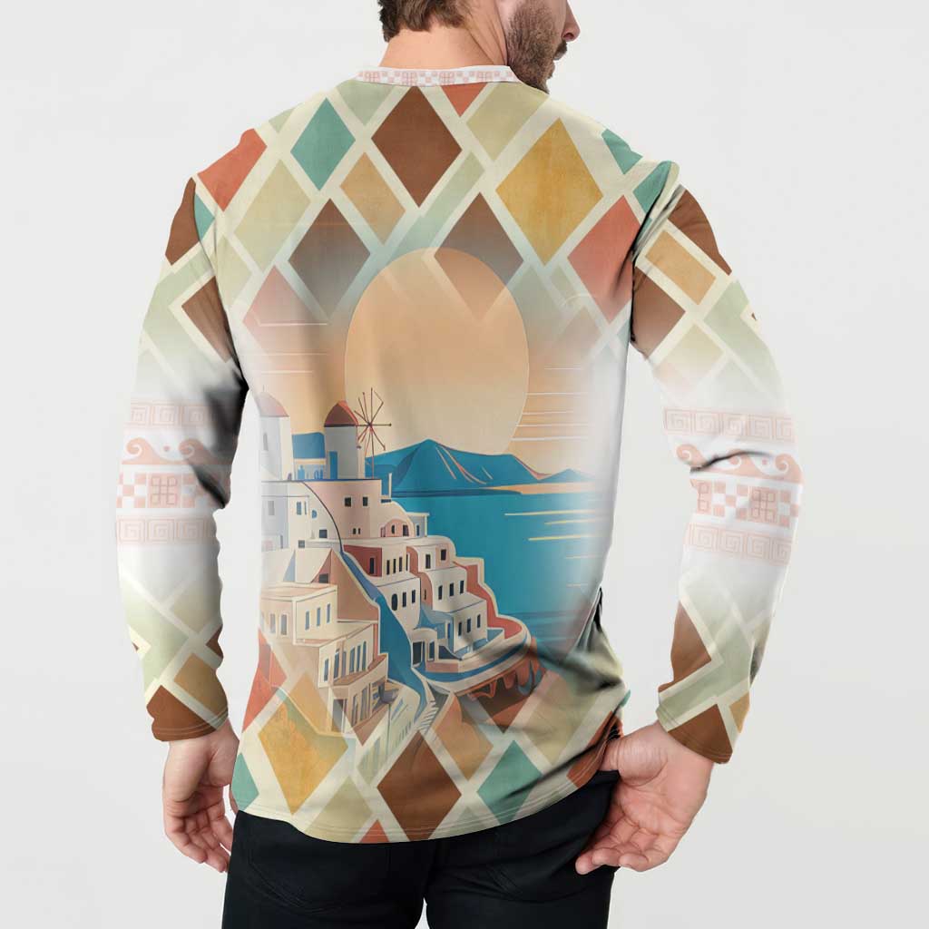 Santorini Greece Button Sweatshirt Sunset Village Print and Mediterranean Geometric Pattern