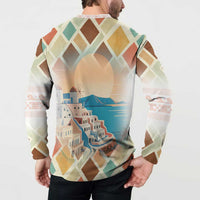 Santorini Greece Button Sweatshirt Sunset Village Print and Mediterranean Geometric Pattern