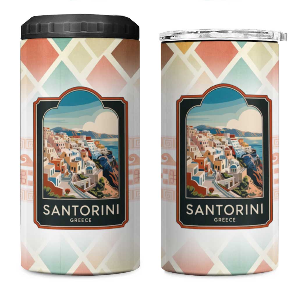 Santorini Greece 4 in 1 Can Cooler Tumbler Sunset Village Print and Mediterranean Geometric Pattern