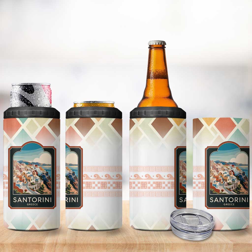 Santorini Greece 4 in 1 Can Cooler Tumbler Sunset Village Print and Mediterranean Geometric Pattern
